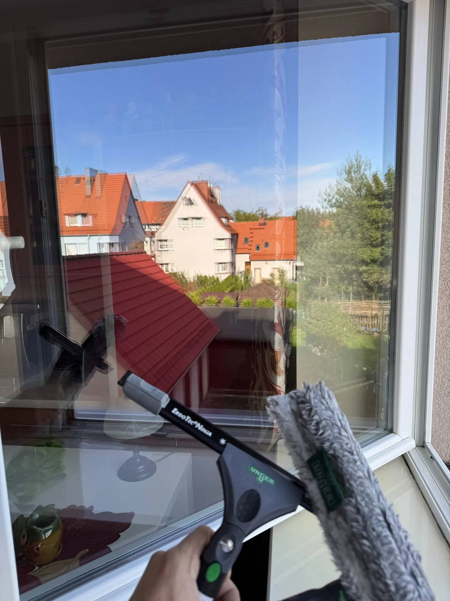Szyba okienna myta od zewnątrz profesjonalną ściągaczką do szyb z widokiem na duże drzewa iglaste.